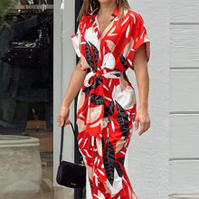 Load image into Gallery viewer, Lapel Tie Leaf Print Dress