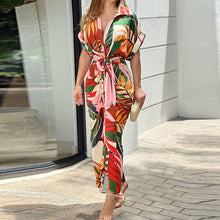 Load image into Gallery viewer, Lapel Tie Leaf Print Dress
