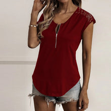 Load image into Gallery viewer, Round Neck Half Zip Panel Lace Short Sleeve T-shirt