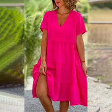 Load image into Gallery viewer, Cotton linen v-neck solid color dress
