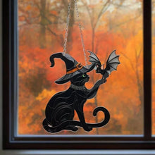 Load image into Gallery viewer, Black Cat Touching Bat Window Hanging