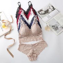 Load image into Gallery viewer, Women's Contrast Lace Wireless Bra &amp; Bow Decor Panty Set