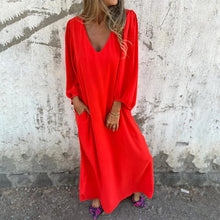 Load image into Gallery viewer, Loose V-Neck Solid Color Lantern Sleeve Dress