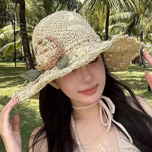 Load image into Gallery viewer, Elegant Crochet Straw Hat with Ruffle Detail