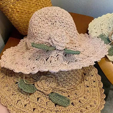 Load image into Gallery viewer, Elegant Crochet Straw Hat with Ruffle Detail