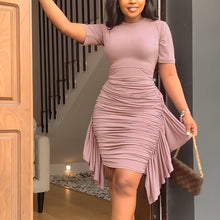 Load image into Gallery viewer, Round Neck Short Sleeve Irregular Ruffle Midi Dress