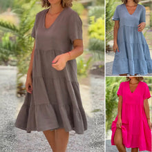 Load image into Gallery viewer, Cotton linen v-neck solid color dress