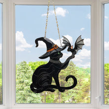 Load image into Gallery viewer, Black Cat Touching Bat Window Hanging