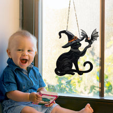 Load image into Gallery viewer, Black Cat Touching Bat Window Hanging
