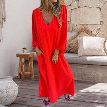 Load image into Gallery viewer, Loose V-Neck Solid Color Lantern Sleeve Dress