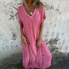 Load image into Gallery viewer, Cotton and Linen V-neck Midi Dress