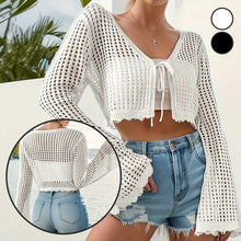 Load image into Gallery viewer, Women's Plain Hollow Out Tie Front Crop Cardigan Sweater
