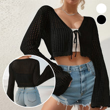 Load image into Gallery viewer, Women's Plain Hollow Out Tie Front Crop Cardigan Sweater