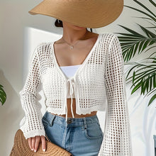 Load image into Gallery viewer, Women's Plain Hollow Out Tie Front Crop Cardigan Sweater