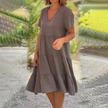 Load image into Gallery viewer, Cotton linen v-neck solid color dress