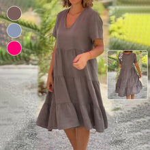 Load image into Gallery viewer, Cotton linen v-neck solid color dress