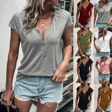 Load image into Gallery viewer, Round Neck Half Zip Panel Lace Short Sleeve T-shirt