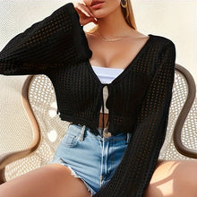 Load image into Gallery viewer, Women's Plain Hollow Out Tie Front Crop Cardigan Sweater