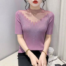 Load image into Gallery viewer, Rhinestone-studded Hollow Stitching Short Sleeves