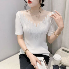 Load image into Gallery viewer, Rhinestone-studded Hollow Stitching Short Sleeves
