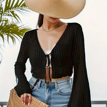 Load image into Gallery viewer, Women's Plain Hollow Out Tie Front Crop Cardigan Sweater