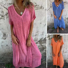 Load image into Gallery viewer, Cotton and Linen V-neck Midi Dress