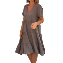 Load image into Gallery viewer, Cotton linen v-neck solid color dress
