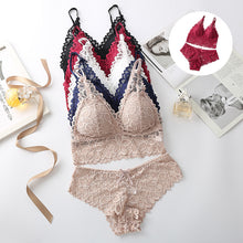 Load image into Gallery viewer, Women's Contrast Lace Wireless Bra &amp; Bow Decor Panty Set