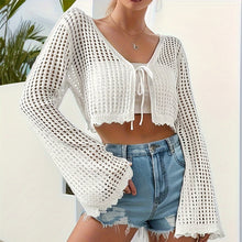 Load image into Gallery viewer, Women's Plain Hollow Out Tie Front Crop Cardigan Sweater