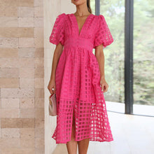Load image into Gallery viewer, Square Patterned Fabric Puff Sleeve Dress