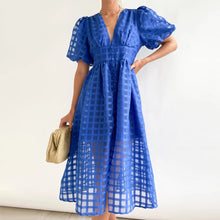 Load image into Gallery viewer, Square Patterned Fabric Puff Sleeve Dress