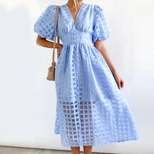 Load image into Gallery viewer, Square Patterned Fabric Puff Sleeve Dress