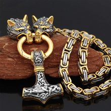 Load image into Gallery viewer, Wolf Head Thor's Hammer Viking Necklace