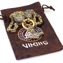 Load image into Gallery viewer, Wolf Head Thor's Hammer Viking Necklace