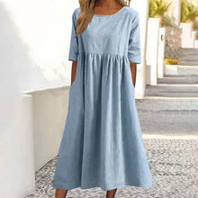 Load image into Gallery viewer, Women's Casual Crew Neck Pocket Smocked Cotton Dress