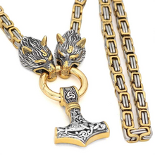 Load image into Gallery viewer, Wolf Head Thor's Hammer Viking Necklace