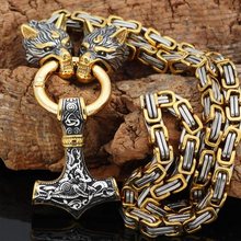 Load image into Gallery viewer, Wolf Head Thor's Hammer Viking Necklace