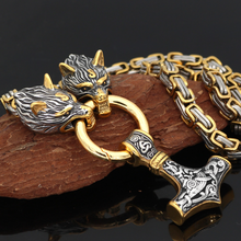 Load image into Gallery viewer, Wolf Head Thor's Hammer Viking Necklace