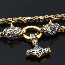 Load image into Gallery viewer, Wolf Head Thor's Hammer Viking Necklace