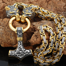 Load image into Gallery viewer, Wolf Head Thor's Hammer Viking Necklace