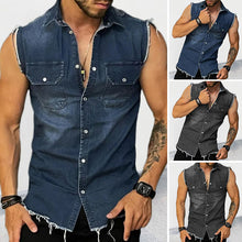 Load image into Gallery viewer, Men's Vintage Lapel Sleeveless Denim Shirt