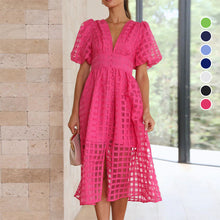 Load image into Gallery viewer, Square Patterned Fabric Puff Sleeve Dress